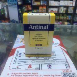 Antinal 200 mg Capsules box, containing Nifuroxazide for the treatment of bacterial acute diarrhea and gastroenteritis