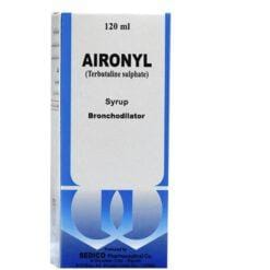 A 120ml bottle of Aironyl 1.5mg/5ml respiratory syrup on a pharmacy counter. The label shows the SEDICO brand name.