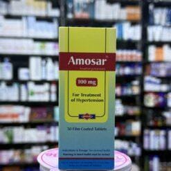 A box of Amosar 100mg (30 tablets) by Amoun Pharmaceutical, containing Losartan Potassium for high blood pressure.