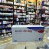 A box of Astin 20 mg tablets containing Atorvastatin for cholesterol management.