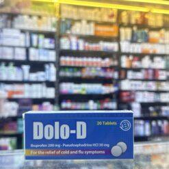 Dolo-D 20 Tablets pack for relief of cold, flu, and sinus congestion with Ibuprofen and Pseudoephedrine.