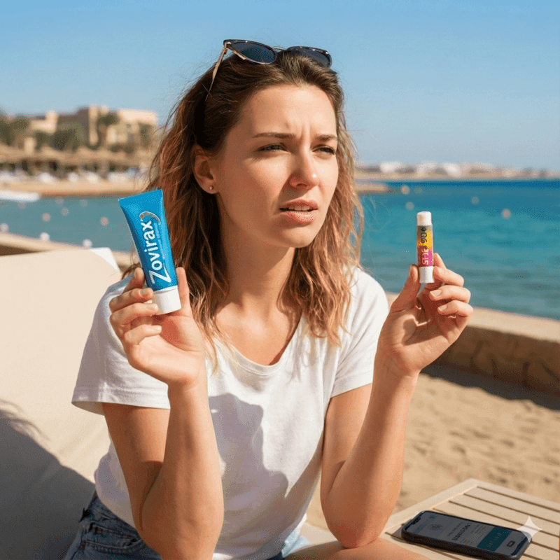 Tourist in Hurghada holding Zovirax cold sore cream tube on the beach near the Red Sea.