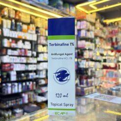 Terbinafine antifungal spray bottle for treating athlete's foot and ringworm.